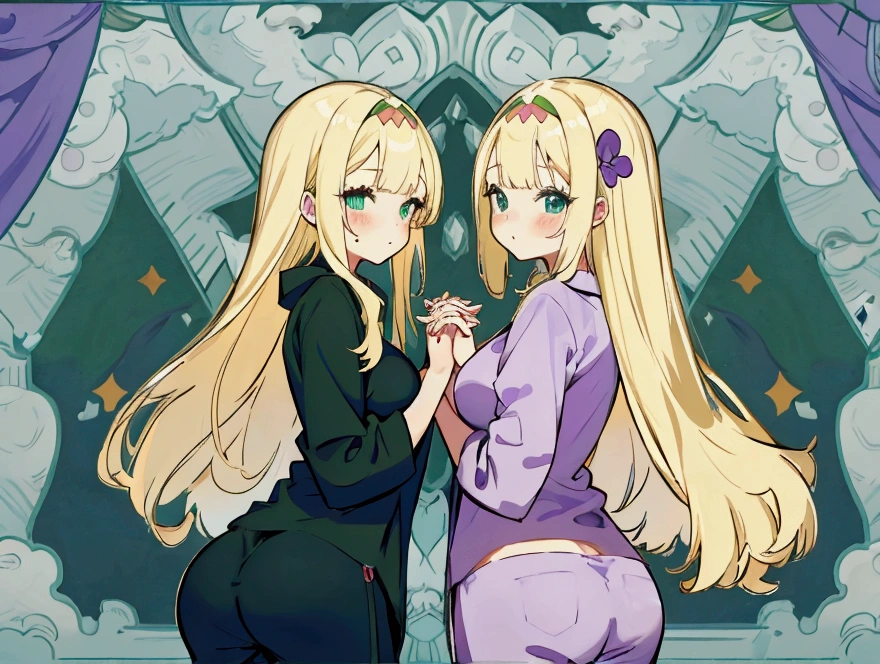 2 girls, Twins,  and big butt, large breasts and small butt, blonde with green bangs and blonde with purple bangs, pajamas, holding hands, cuteness, blue eyes, green eyes