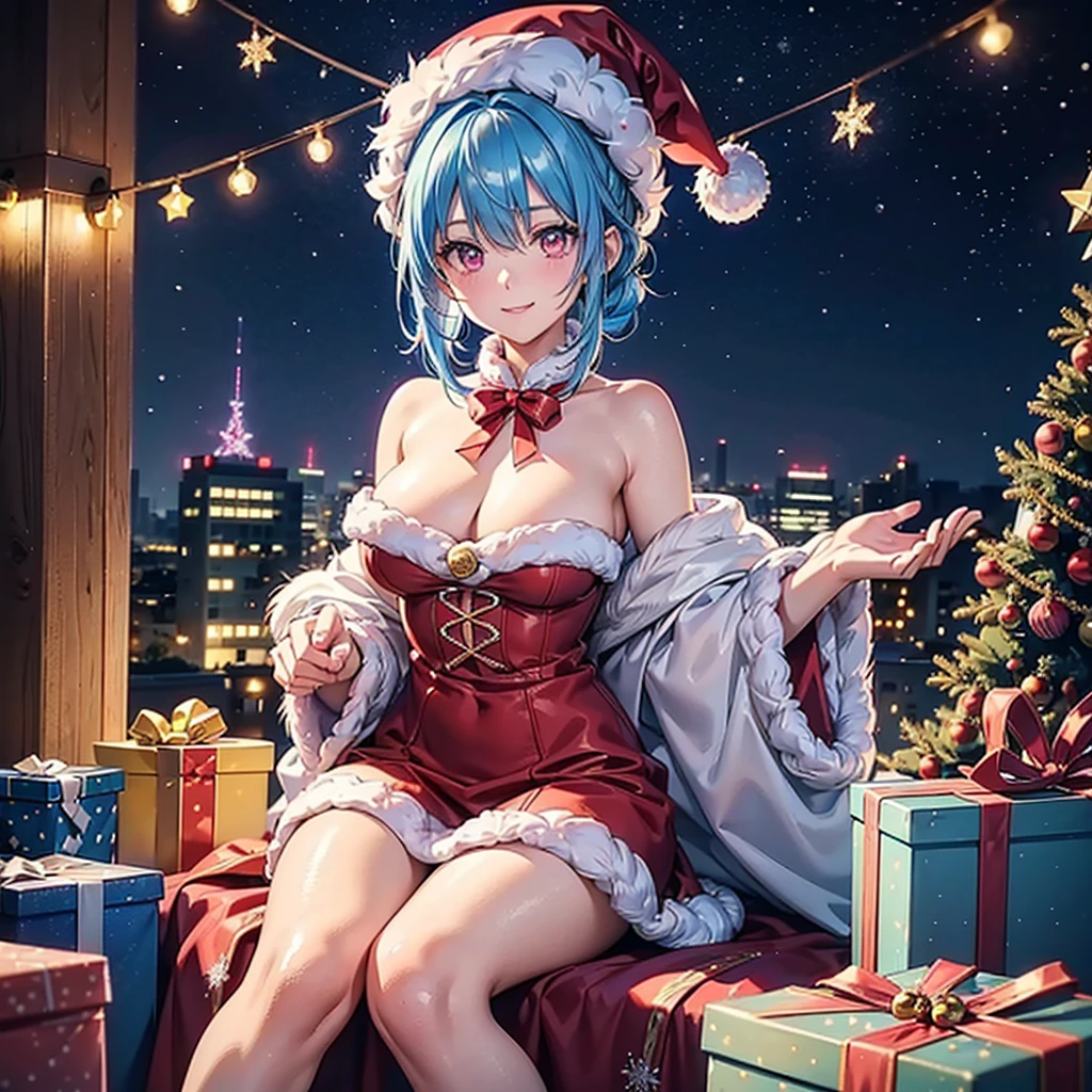 (Sky blue hair tied in a single strand),(Pink Eyes),Fair Skin,Full Body,Alone,smile,Santa Claus Clothes,Giant Christmas Tree in the Background,Snowy Night,Sparkling Night Sky,gift box,(Masterpiece, Top Quality, Very Detailed), Best Shadows,Detailed Background,Beautifully Detailed Face,High Contrast,Best Lighting, Very Delicate and Beautiful,Cinematic Light,Hyper Detail,8k,Dramatic Light,Exquisite Detail,(Christmas colors)