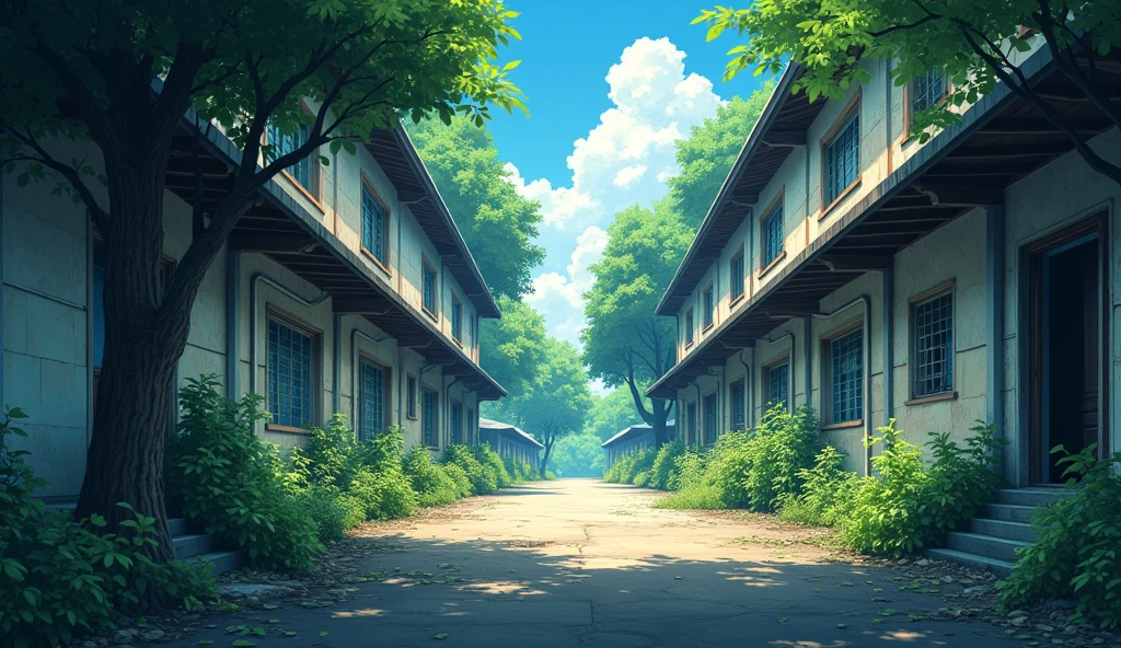 A sad japanese school abandoned who the atmospher is very dark, outside of the school views anime style sunny day