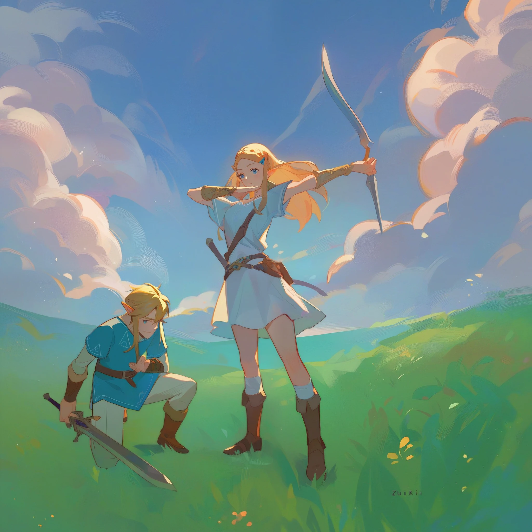 link blue outfit crouching, holding sword, zelda white dress standing, stretching bow, hyrule grass field, clouds