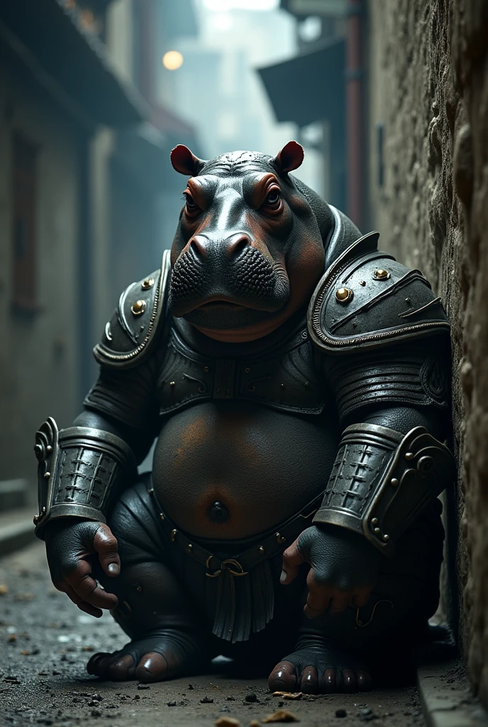 I am the hippo warrior, my armor is lethal and it's equal to the most cruel humans on Earth, The message I want to send is that if we exist , real very real ,24k photography rules, film rules, cinematic finishes like in Photoshop, very noticeable depth of field , dark and moody atmosphere, portrait, high contrast lighting(white adorned), (Dark horror theme), cold lighting, white lighting, (dust), Sitting leaning against the wall, (nod), (sitting in a dark alley), (masterpiece:1.2), Super detailed, Best Quality