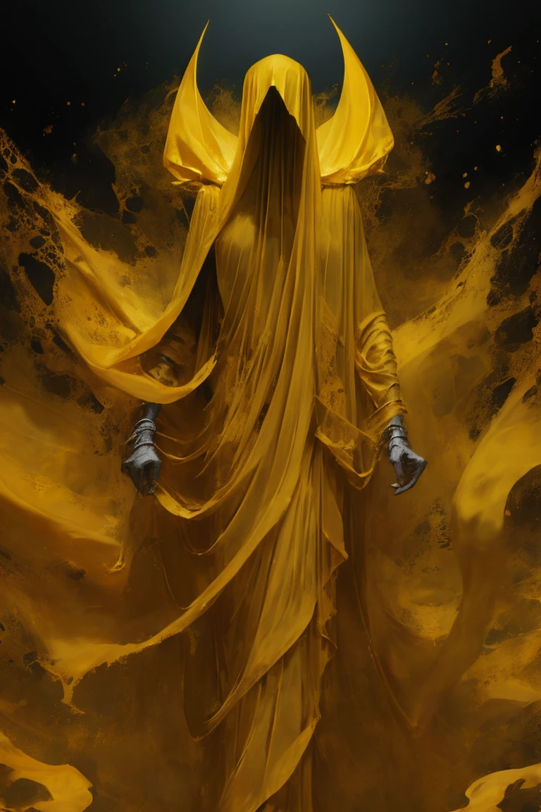 a demon, pale yellow skin, gaunt, very slender/lanky, crown of horns protruding from scalp, mischievous, large boney feet, long boney fingers, wearing vibrant yellow shawl, tattered yellow poncho, aged yellow cloth wrapped around torso and pelvis, very boney physique, nimble, yellow cowl over head, bright yellow veil covering face, very thick veil, veil covering eyes and mouth, veil obscuring face completely, no visible face, trickster, mischievous body language, skeletal body, dry gaunt flesh, crouching stance, crouching, bent legs, bending toes, arms splayed out to the sides, trickster god