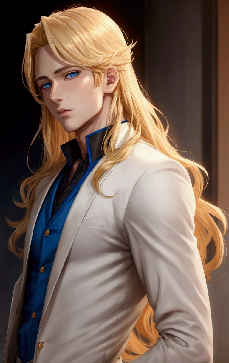 very realistic anime boy high definition a very handsome with golden hair with subtle waves blue eyes, he is very ashemed