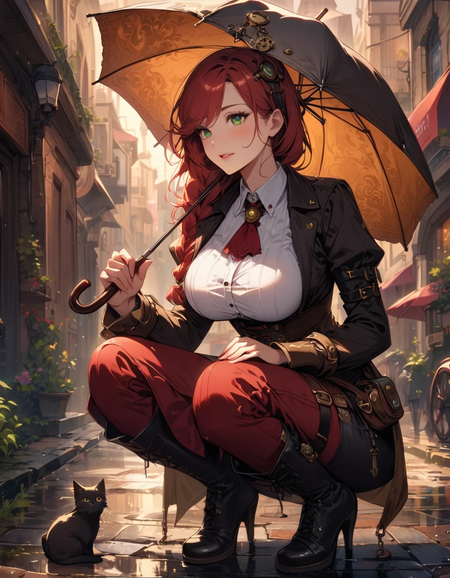 detailed textures, high quality, high resolution, high accuracy, realism, color correction, correct lighting settings, harmonious composition. Steampunk And a beautiful woman, Squatting in the rain, holding an umbrella, a box with a kitten under an umbrella, on a fantastic street, with freckles, green eyes and long red hair braided, in a corset with big breasts, a steampunk girl.--ar 3:4 --niji 6