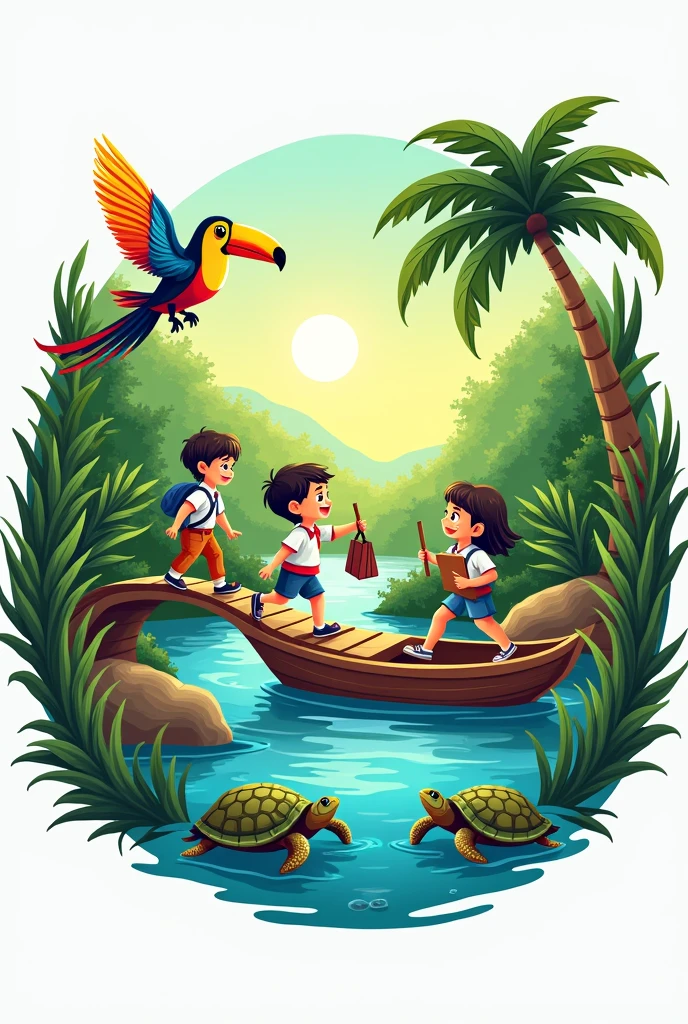 Make me a logo that says 'promocion 2024' and that the logo is in a circle, there is a toucan, two children crossing in a small boat on a river, and on the shore there are children walking with white shirts and briefcases, and some turtles below the wolf.
