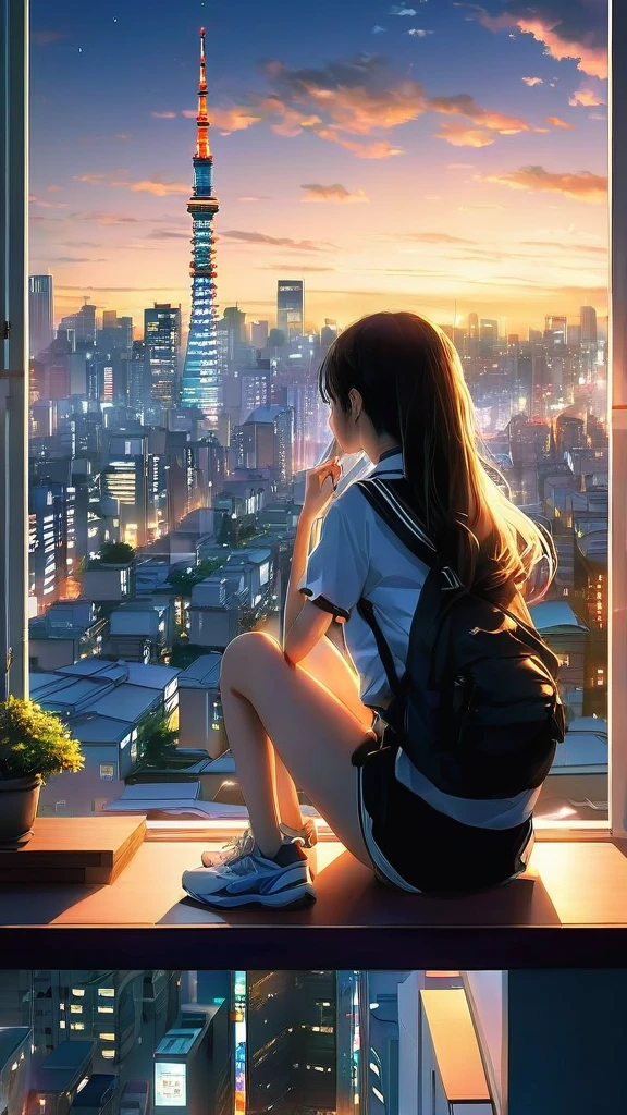 anime girl sitting on a window sill looking out at a city, 4k anime wallpaper, View of Tokyo buildings at night、. anime, anime art wallpaper 4k, anime art wallpaper 4 k, anime art wallpaper 8 k, anime wallpaper 4k, anime wallpaper 4 k, 4K Manga Wallpapers, anime background, anime style 4 k, beautiful anime scene, anime background art