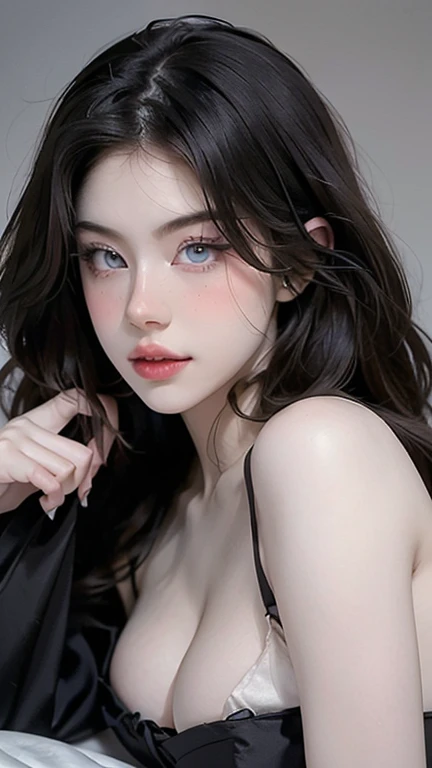 full body masterpiece, ultra realistic, 16k, high quality, incredibly detailed, dream aesthetic, dream atmosphere, cinematic, (sharp focus : 1.5), (photorealistic : 1.3), gothic (Gorgeous gothic girl), defined jaw, square face, wonderful gothic girl (enchanting seductress), cinematic, detailed, 16k sharp focus, realistic. wonderful. Seductive (evil). Black hair (realistic texture), highlighted, silky and shiny hair, detailed hair (realistic), big tits (natural). wonderful detailed face (enchanting seductress). blushed cheekbones (rosy cheeks), tanned skin, (white skin) alabaster skin that seems to glow ethereally. Her attire is gothic. Voluptuous shape. turquoise blue eyes (evil eyes look). a symmetrical face ::2 gothic clothes + ArtStation Trends + fantasy art + realistic cloth + fractals in the background, loose hair --aspect 9:21 – enhance your unearthly beauty. realistic skin texture, pale white skin illuminated. realistic perfect shading. absurd, realistic textures. alone, alone, 1 girl. Looking at the viewer. muscular female body, hot body, toned body, defined muscles. big natural breasts, cleavage. pantyhose, gothic (black) dress (realistic texture). In different positions at different angles. Bedroom background. incredibly real, best quality, photorealistic.
