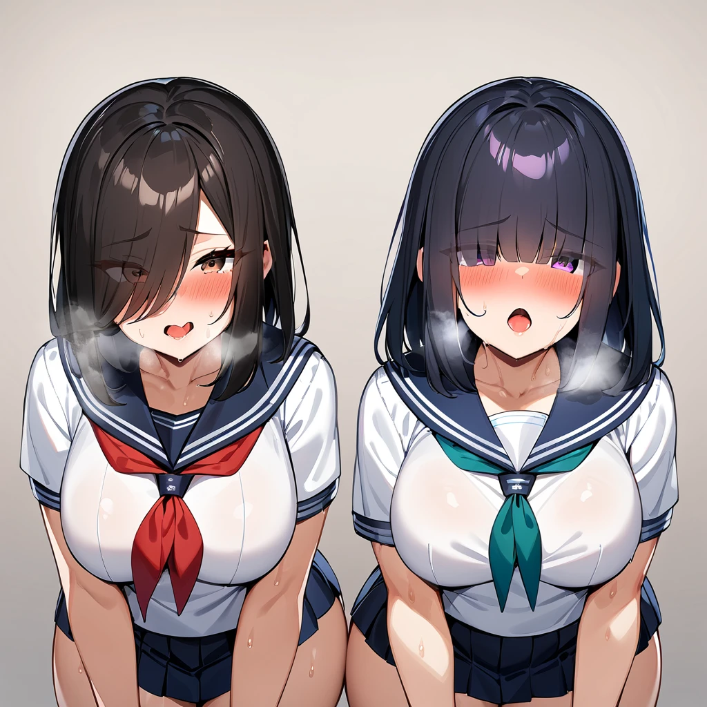 2girls:1.2),lineup,(black hair:1.3),open mouth,tongue,(serafuku:1.5),red neckerchief,white blouse,pleated skirt,dark blue blouse,sexually suggestive,(cowboyshot:1.5),(in heat:1.5),(Breasts),(heavy breathing:1.5),(Legs_apart),(shiny_skin),(eyes visible through hair:1.5),very sweaty,dark blue hair,(brown eyes),purple eyes,hair over eye,blush,(Heavy Breathing:1.3),(Steaming body:1),(straight-on),(light skin:1.5),masterpiece,best quality,very aesthetic,absurdres,medium hair,straight hair,(female:1),(curvy:1),(Face focus:1.3)