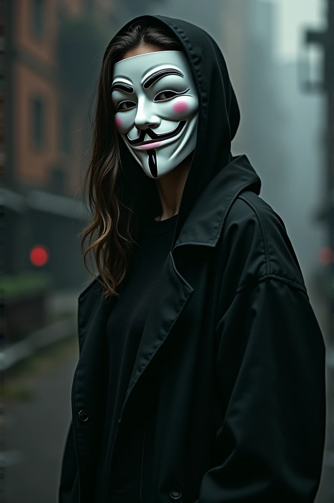 Draw a girl wearing an anonymous Vendetta mask