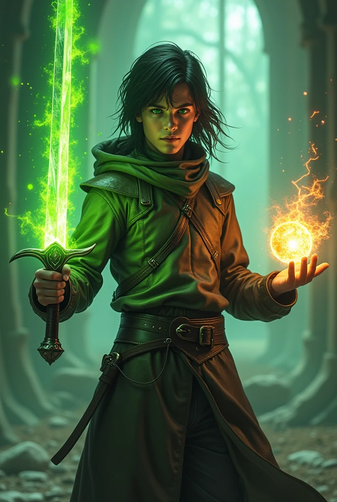 A  boy with long black hair and green eyes wearing a leather jerkin wielding a flaming green sword in one hand and a ball of fire in the other