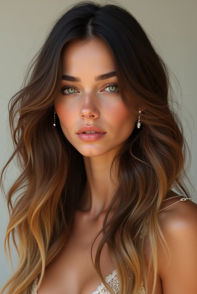 An ultra-realistic brunette girl with blonde wavy hair 