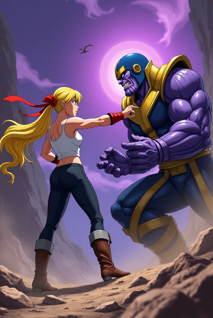 A toned woman,long yellow hair tied with a red ribbon,blue eyes,a white sleeveless tank top,a red band on one of her arms, black pants clinging to his legs,Brown boots fighting Thanos in a rocky setting with a deep purple sky(anime style,dragon ball)