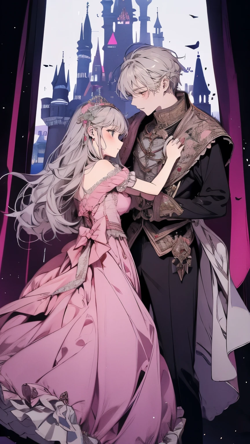 Princess、Prince、Gray Hair、Pink long dress、Dance、Castle、smile