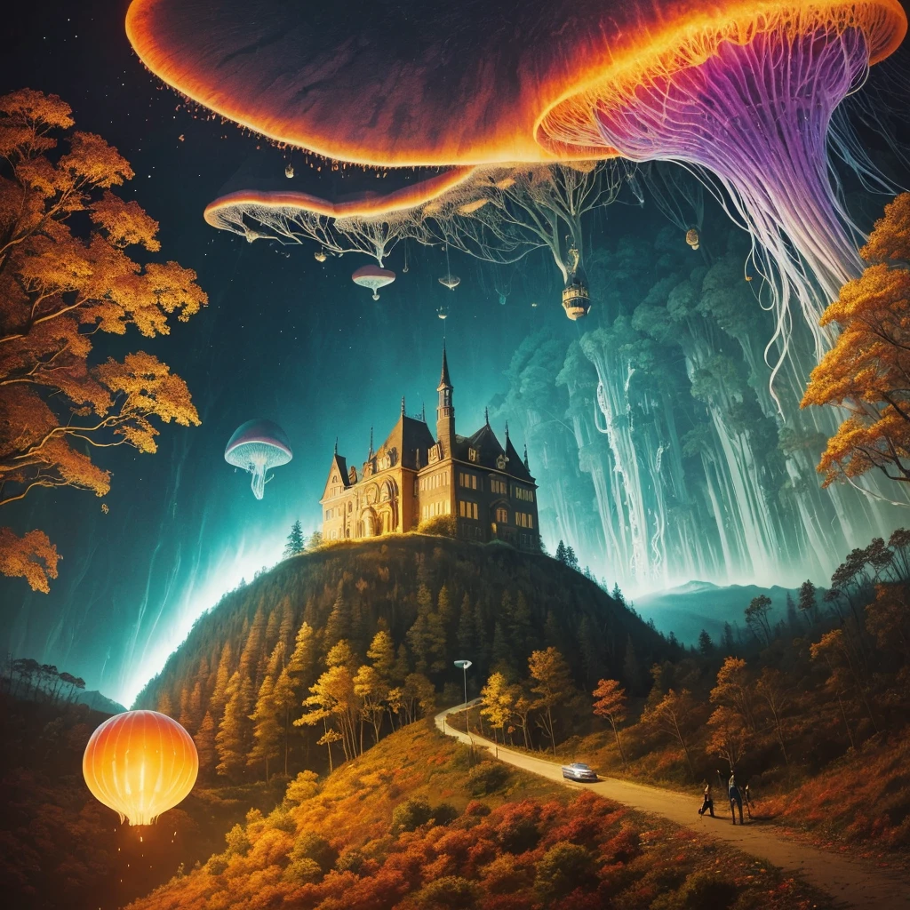 golden hour, paranormal activities, surreal portrait of a beautiful scared young woman with face of Audrey Hepburn morphed with Anne Hathaway screaming running away from taxes and dancing, colorful forrest with weird trees, log palace, gigantic jellyfish ufo producing tornado whirlpool, aqueduct, psyhodelic horror mood, color pencil art in style of zdzisław beksiński