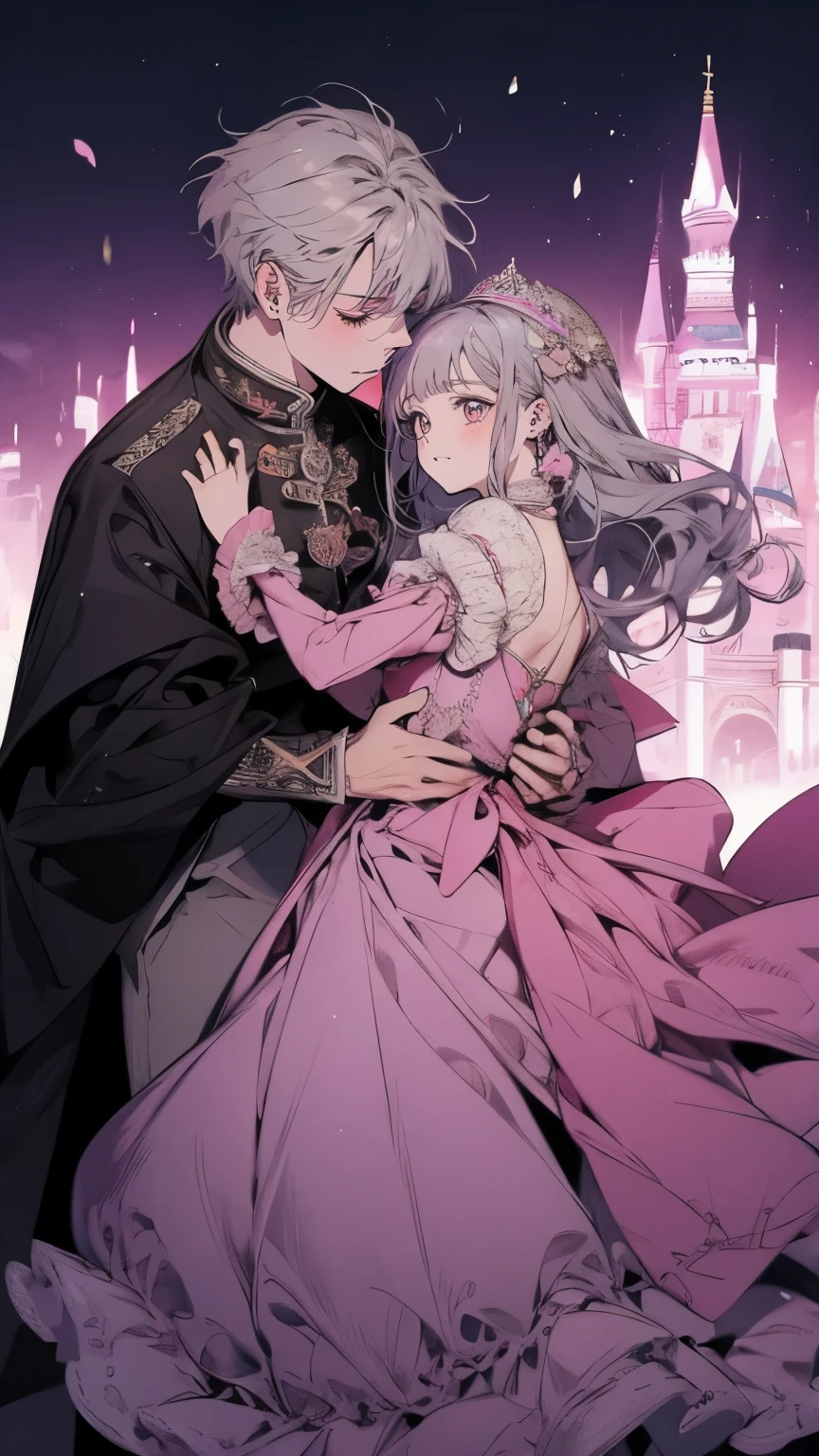 Princess、Prince、Gray Hair、Pink long dress、Dance、Castle、smile