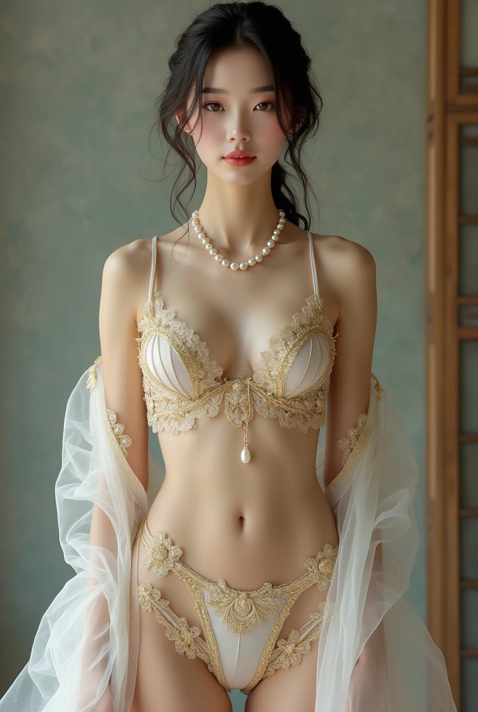 An elegant mature young woman standing nude。Full body front view、Asian、Her skin is relatively white、Luxury Clothing、Silk-like transparent lace on her clothes、Golden wire trim、Jewelry decoration、A pearl necklace hangs around her neck。Showing female genitalia。I don't wear underwear、No underwear、The uterus is visible