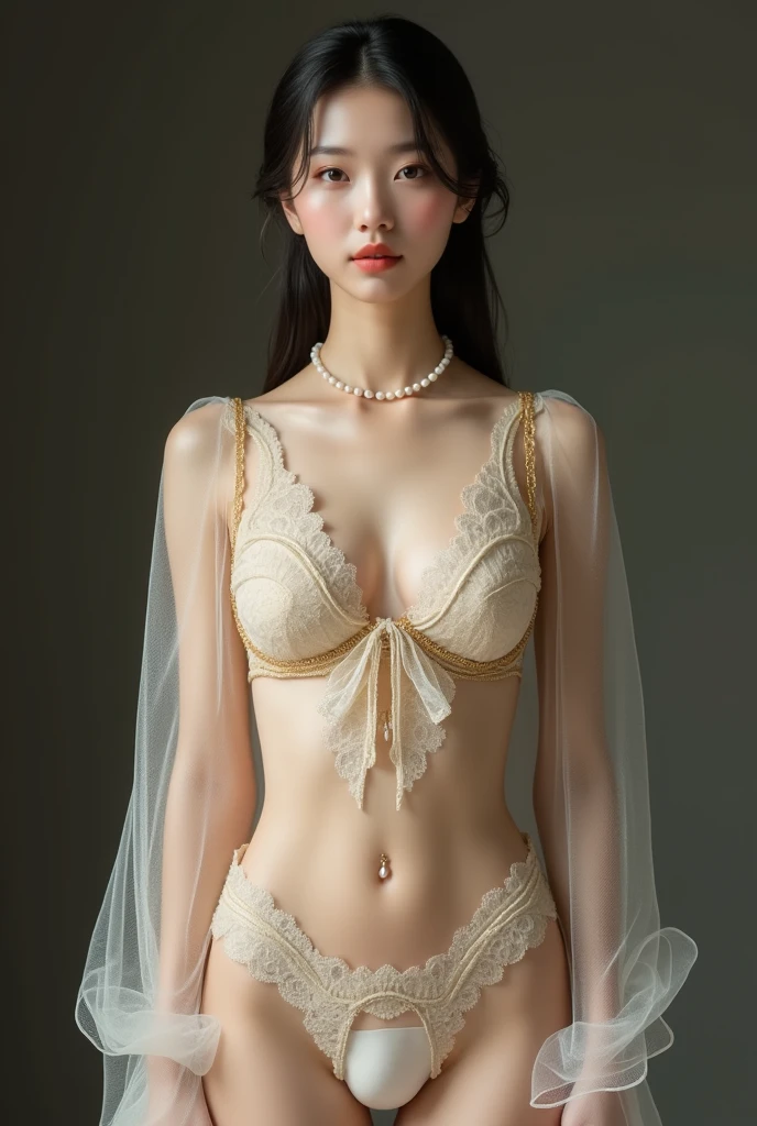 An elegant mature young woman standing nude。Full body front view、Asian、Her skin is relatively white、Luxury Clothing、Silk-like transparent lace on her clothes、Golden wire trim、Jewelry decoration、A pearl necklace hangs around her neck。Showing female genitalia。I don&#39;t wear underwear、No underwear、The uterus is visible