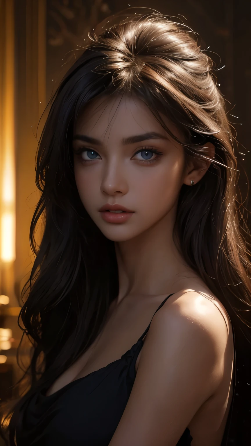 masterpiece, light makeup, messy long hair, super fine details, authentic texture, cinematic lighting realism, 16K, exquisite features, blue eyes, Beautiful Face, glamorous, erect nipples, shiny skin, tanned skin, Black glowing skin, sexy camisole, T-back, bright big eyes, smooth skin, ((Dark background)), pony tail, bangs