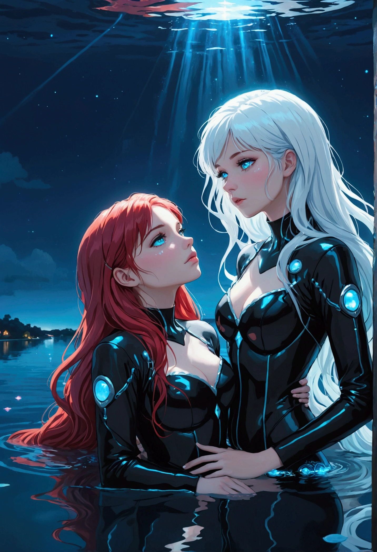 ((best quality)), ((masterpiece)), (detailed), (total body), perfect face, two beautiful woman the first has white long hair and a sky blue reflection, she has a tufted fringe, she has sky blue eyes, she has total black cyber suit clothes with some neon sky blue lights on it, cyber line on her face, she is sad, she is lying on the water in a pond, in the night with skyblue lights, total body. The second woman is in the water she is a mermaid with red hair and blue eyes, she want to kiss the girl with white hair. Two girls.