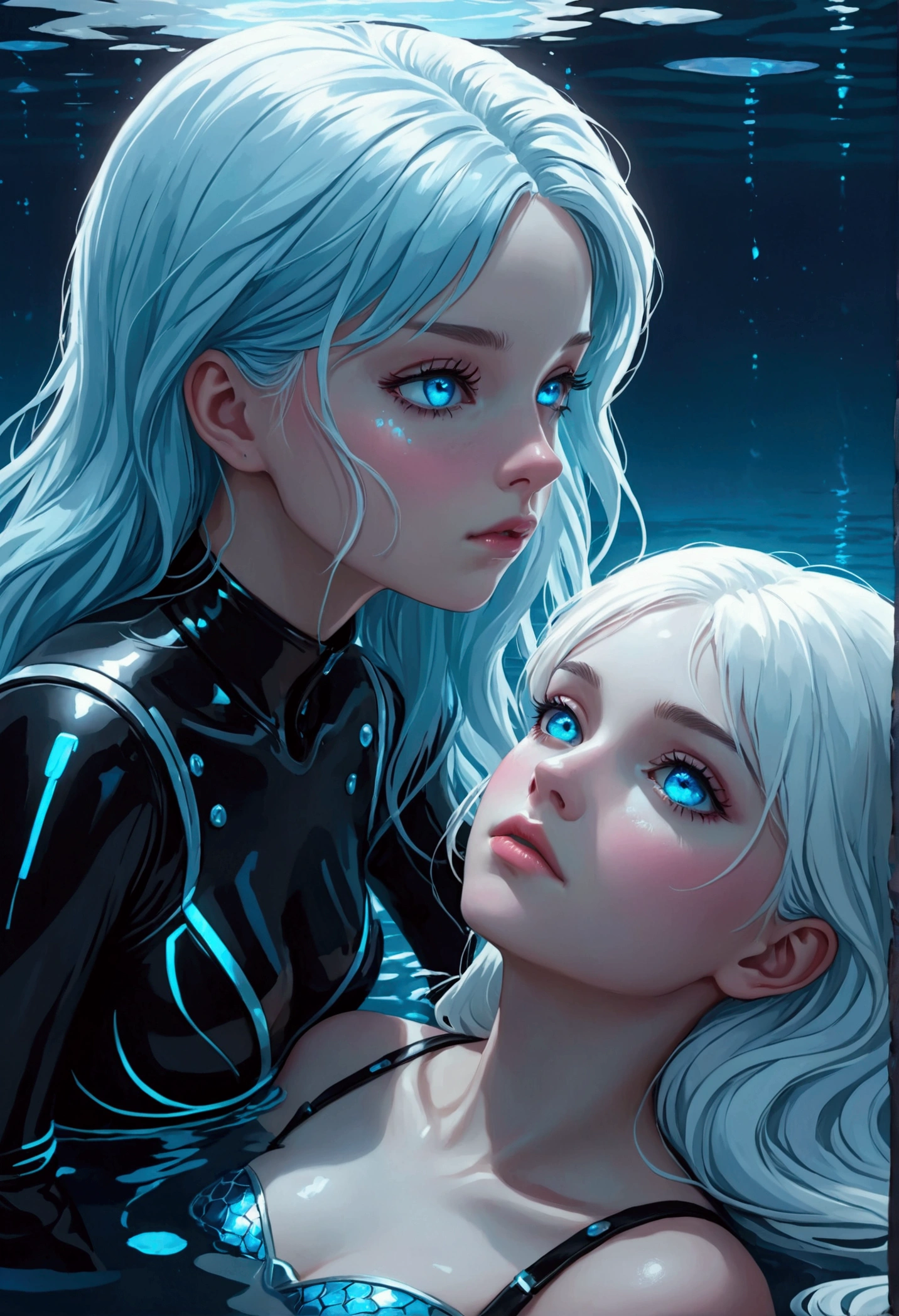 ((best quality)), ((masterpiece)), (detailed), (total body), perfect face, two beautiful woman the first has white long hair and a sky blue reflection, she has a tufted fringe, she has sky blue eyes, she has total black cyber suit clothes with some neon sky blue lights on it, cyber line on her face, she is sad, she is lying on the water in a pond, in the night with skyblue lights, total body. The second woman is in the water she is a mermaid with red hair and blue eyes, she want to kiss the girl with white hair. Two girls.