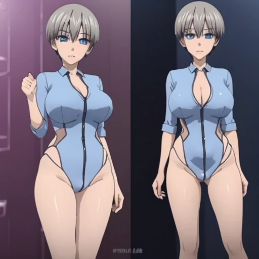 Face beautiful blue eyes short silver  hair, showing pussy wet, makeup, nsfw, big breasts detailed perfect 3D rendering,  waifu anime. 