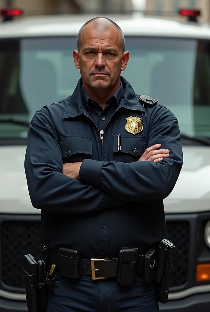 Undercover police officer with crossed arms in front of a vehicle
