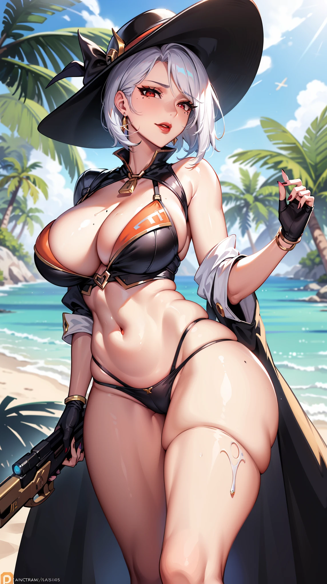 AsheOver, 1girl, summer hat, solo, hat, makeup, overwatch , Ashe , mole above mouth,, lipstick, red lips, mole, earrings, jewelry, huge breasts, white hair, looking at viewer, gun, cow bra, eyeshadow, red eyes, , short hair, orange knickers , weapon, beach, standing, white gloves, lips, sunglasses sexy knickers, bikini, summer clothes, , poolside costume 


 (masterpiece), best quality, expressive eyes, Beautiful FingerBeautiful body,Beautiful Nose,Beautiful character design, perfect eyes, perfect face,  
NSFW,official art,extremely detailed CG unity 8k wallpaper, perfect lighting,Colorful, Bright_Front_face_Lighting,
(masterpiece:1.0),(best_quality:1.0), ultra high res,4K,ultra-detailed,
photography, 8K, HDR, highres, absurdres:1.2, Kodak portra 400, film grain  

smile closed mouth earrings locking at viewer