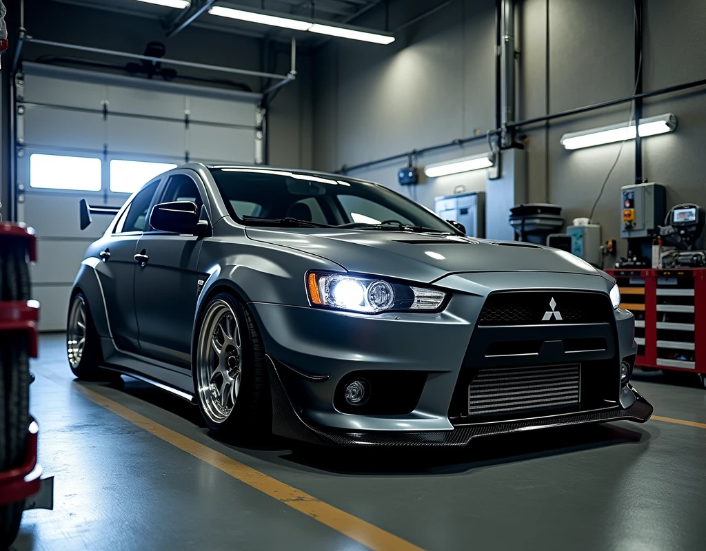 A stunning high-resolution photograph showcasing a modified 2014 Mitsubishi Lancer Evolution X sportscar in a dimly lit garage setting. The deep gray JDM widebody is accentuated by custom coilover suspension and a variety of body kits, including a carbon fiber front splitter, vented side skirts, and a prominent rear diffuser. The aggressive stance is further highlighted by light-black sports JDM rims and high-performance tires with machined lips. An adjustable rear wing with a GT-style design adds to the car's performance-oriented design and motorsport heritage.
Surrounding the vehicle, safety barriers and equipment create a controlled environment for performance testing on the dynamometer. The dynamometer equipment, including rollers and control units, is visible, adding to the atmosphere of a tuning session. The photograph conveys a sense of power and precision through dramatic lighting and reflections that highlight the car's motorsport-inspired form.