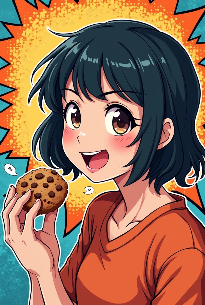 Create an image of a comic book girl eating a cookie