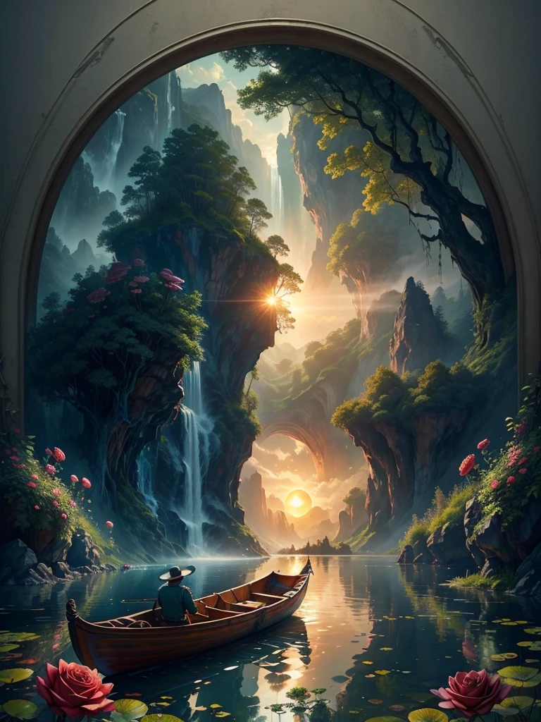 fisherman in canoe, at dawn on lake, man fishing in boat, silhouette of boat and fisherman on the lake, Huge rising sun, arm of Milky Way, country cabin, fog in forest, waterfall flows into lake, pond with garden, flowers and water lily on lake, stone bridge, epic landscape, oil painting arte, water color art, trend in artstation, tendência na cgsociety, intrikate, high détail, Dramatic, ((roses and flowers on the banks of the pond)), ((oil painting)), ((stone bridge)), fisherman in boat in the middle of the scene, fisherman in boat carries lamp, detailed fisherman in boat,