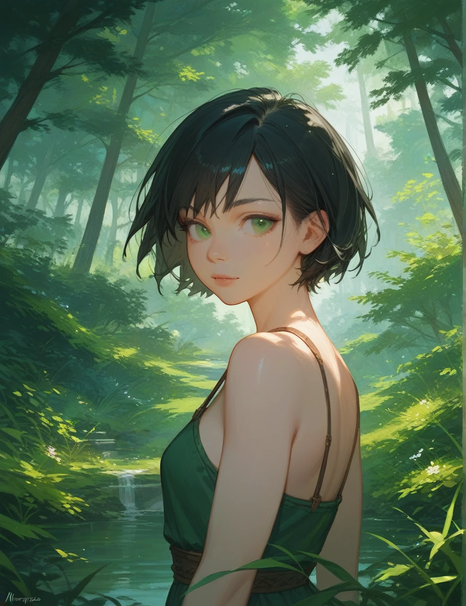 ((best quality)), ((masterpiece)), girl, solo, black hair, (((short hair))), green eyes, nature, posing