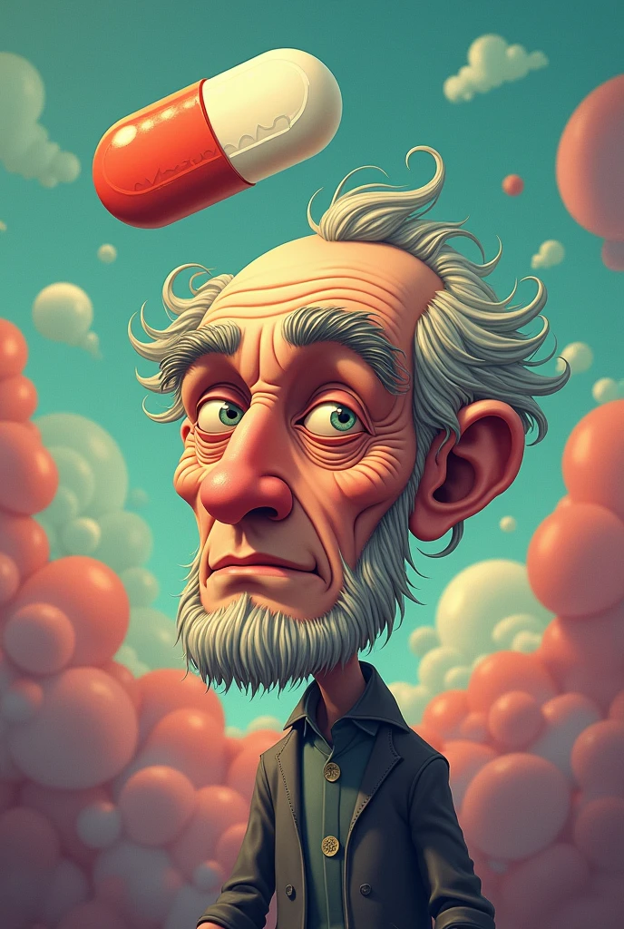 Draw a cartoon Clonazepam with an old man's face.