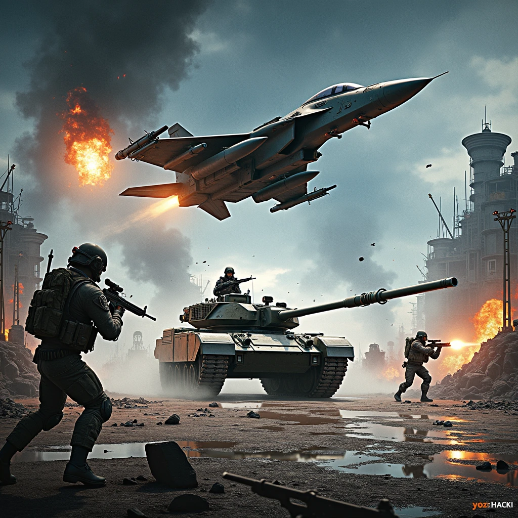 scenery must be based on Battlefield 2042 with a tank, soldiers and a jet. text written saying "yozHACKi" on bottom right corner, with a war style based. image aspect ratio must be 2:1