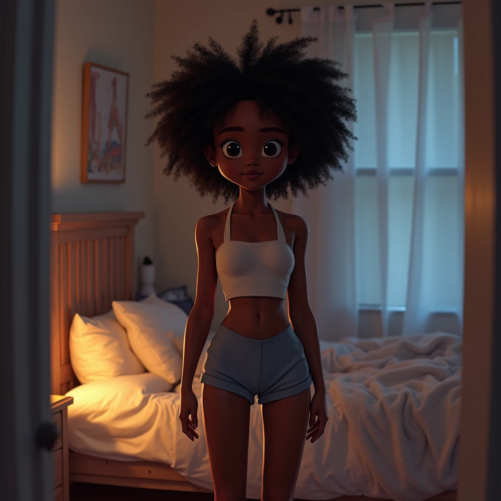 A african american girl with lobg curly hair, crop top, and shorts gets ready to go to sleep.