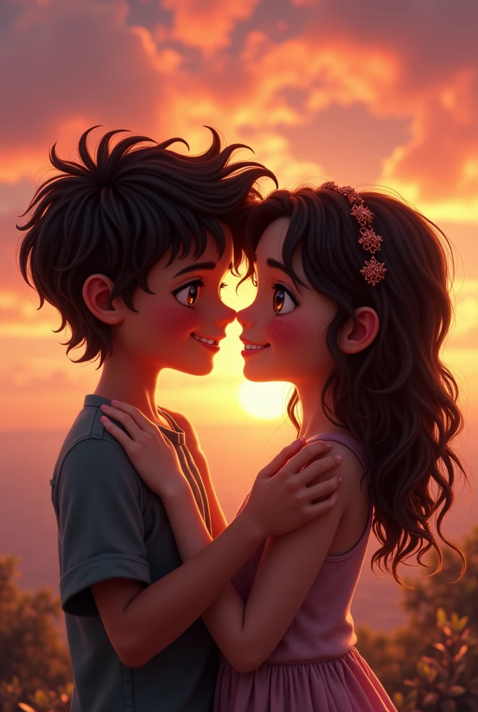 photorealism gave me anime, a boy with freckles and medium dark brown hair, with pointed fangs while smiling with a brunette girl with dark brown curly hair half laughing with him and red cheeks of both because they are in love in a beautiful sunset