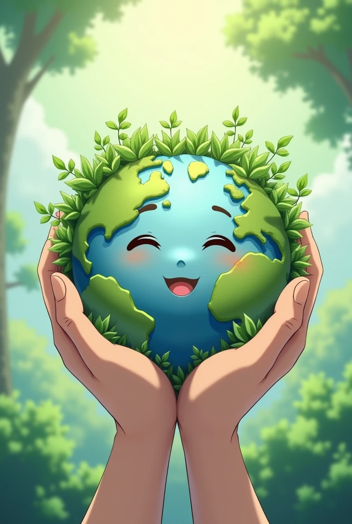 planet Earth, without environmental pollution, with eyes, smiling mouth, sustained by human hands from which leaves emerge, nice background, anime style.