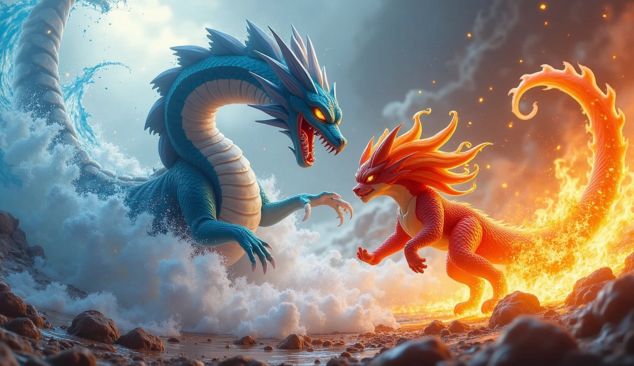 Create a 3D stylized fighting scene featuring Ignis, the fiery cat from the SOLMON series, battling against a massive Water Dragon. Ignis should be depicted in a dynamic, attack-oriented pose, with flames erupting from its body, fur glowing with intense heat, and fiery embers swirling around. The Water Dragon, a serpentine creature with scales shimmering in shades of blue and teal, should be shown in a defensive stance, its body coiling with powerful water currents that clash against Ignis's flames. The background should feature a dramatic elemental contrast, with one side engulfed in roaring flames and the other side swirling with powerful waves, creating a visually striking scene of elemental forces in conflict. The environment should enhance the tension, with steam and mist rising where fire meets water, and debris scattered from the intense battle. The overall composition should capture the intensity and power of the clash, with a focus on the fierce determination in Ignis's eyes and the unyielding strength of the Water Dragon.