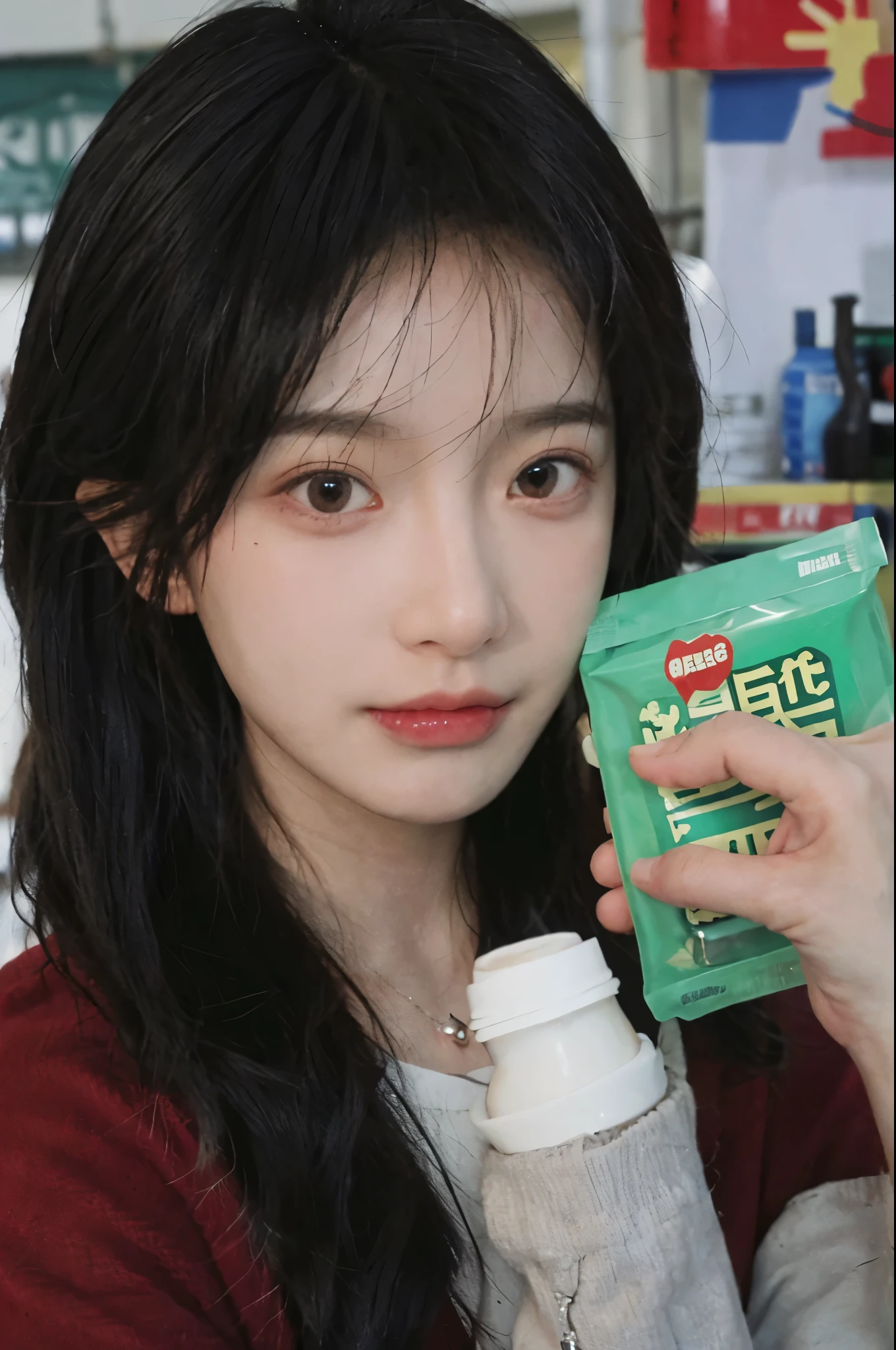 Best quality,Ultra-high resolution,(Realism:1.4),Cute hairpins,girll,Cropped black sweater,Look directly at the audience,Full of atmosphere,Beautiful woman with a slim figure:1.4,supermarket,Super delicate face,Exquisite eyes,Double eyelids,necklace