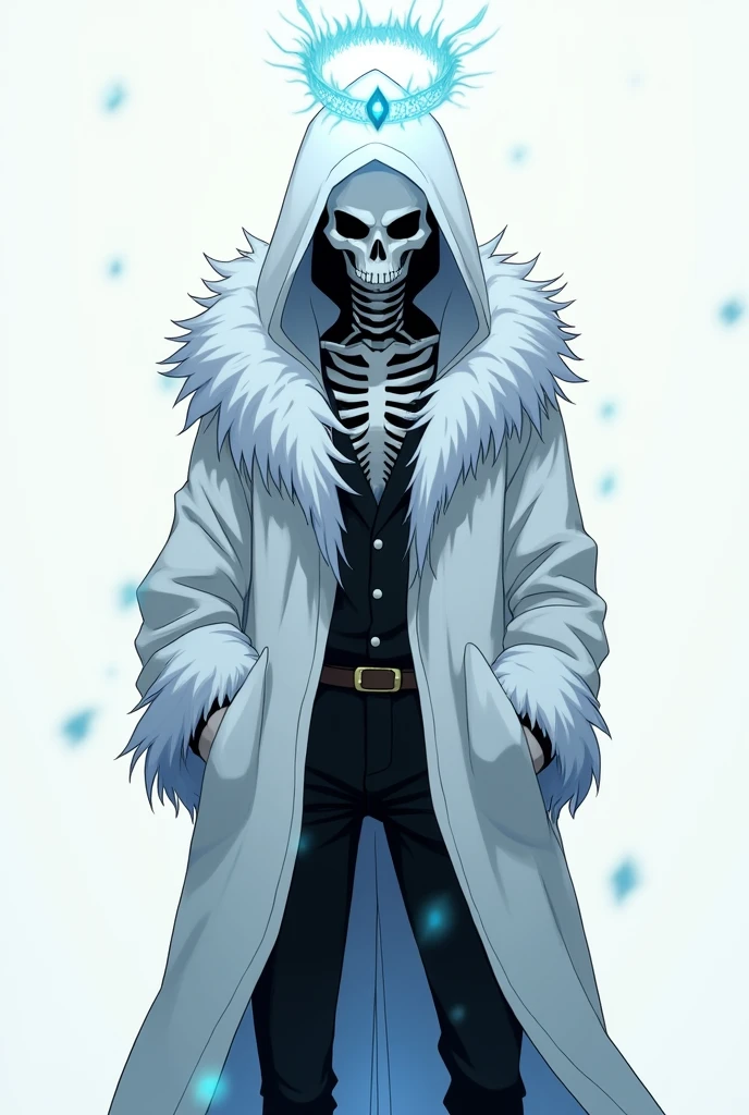 Skull-headed being with a crown floating above its head wearing a white furry hooded coat with blue shading and black pants anime style one piece