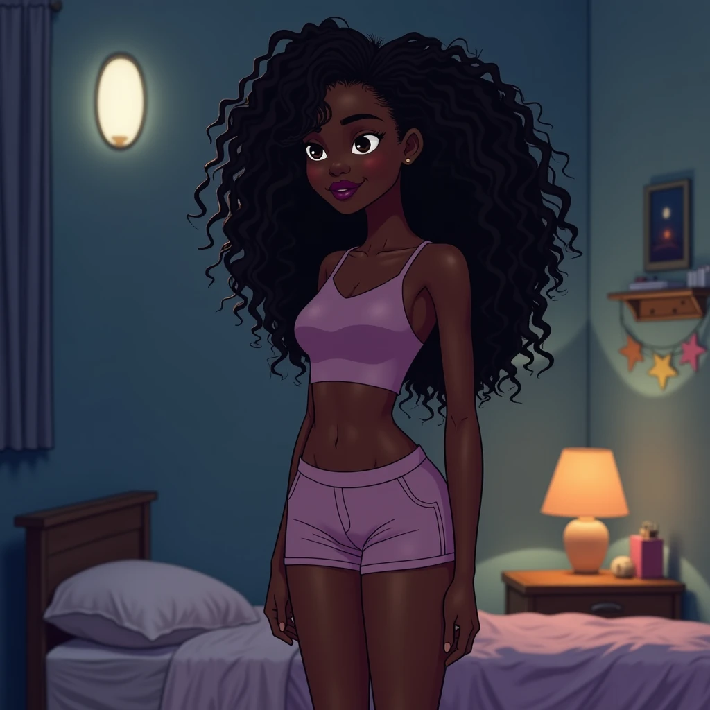 A tall african american girl with long curly hair, crop top, and shorts gets ready to go to sleep.