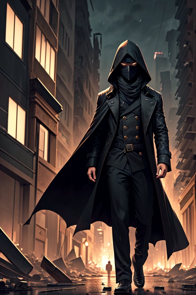A man in a mask and long black trench coat and a standing hood, in a destroyed city at night
