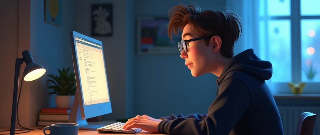 a male animated film character in the Disney Pixar style, high qualiy, best qualityer , black sweatshirt blue shirt , Wear nerd glasses, , long hair , he's sending email from the computer, in your room , more on the keyboard