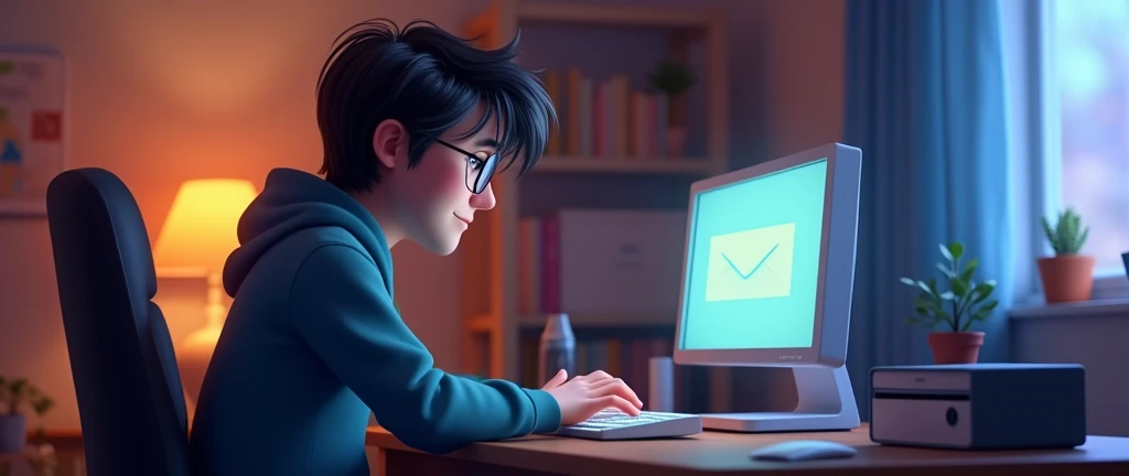 a male animated film character in the Disney Pixar style, high qualiy, best qualityer , black sweatshirt blue shirt , Wear nerd glasses, , long hair , he's sending email from the computer, in your room , more on the keyboard