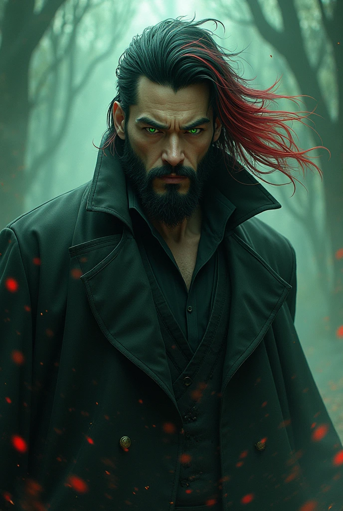 Tall Man, black hair with red streaks, emerald green eyes, with manwha style beard
