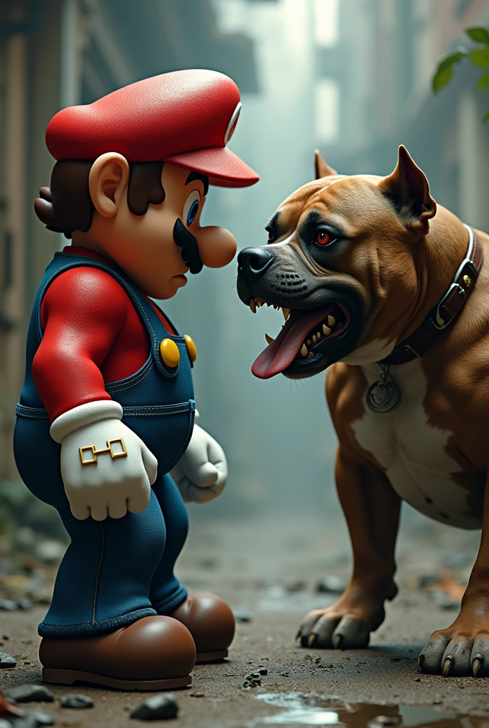mario standing with angry pitbull dog
