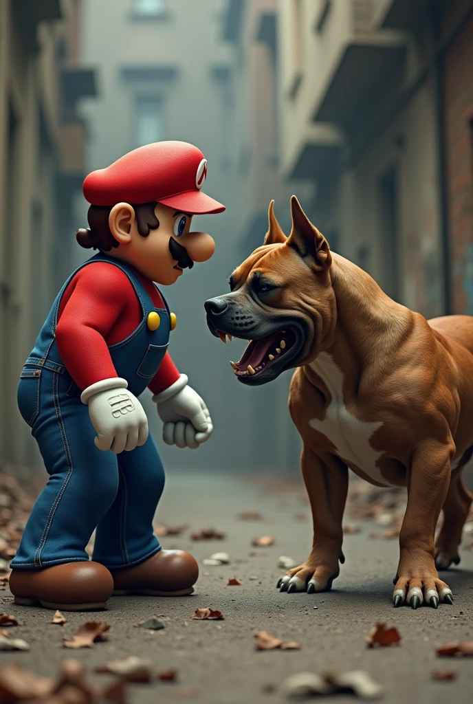 mario standing with angry pitbull dog