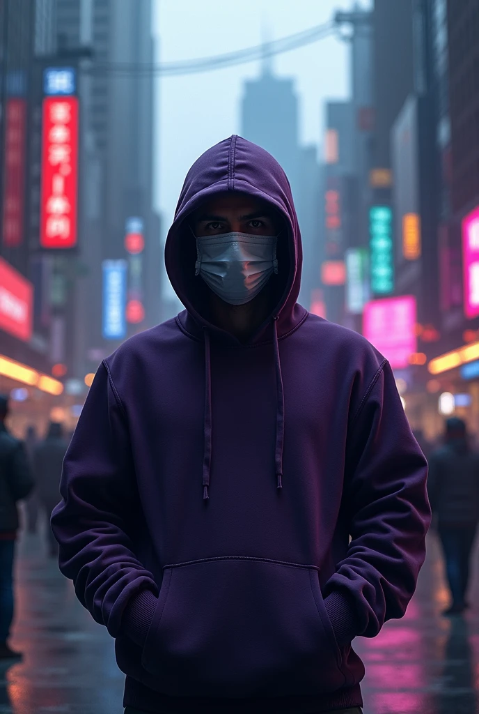 man with mask and purple hoodie in city