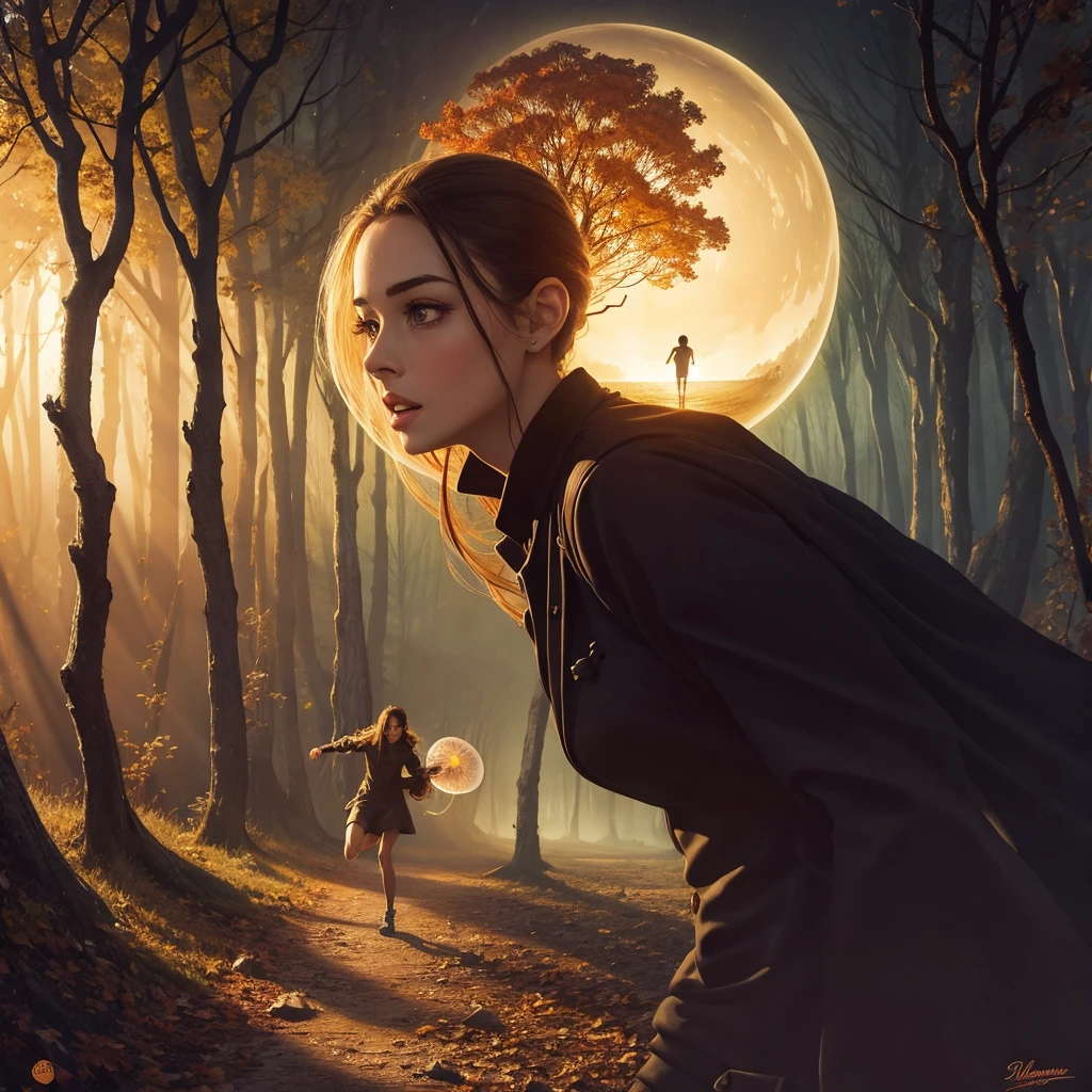 golden hour, paranormal activities, surreal portrait of a beautiful scared young woman with face of Audrey Hepburn morphed with Anne Hathaway screaming running away from taxes and dancing, colorful forrest with weird trees, cathedral, gigantic jellyfish ufo producing tornado whirlpool, psyhodelic horror mood, color pencil art in style of zdzisław beksiński