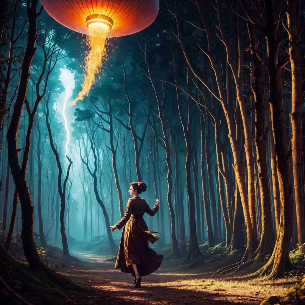 golden hour, paranormal activities, surreal portrait of a beautiful scared young woman with face of Audrey Hepburn morphed with Anne Hathaway screaming running away from taxes and dancing, colorful forrest with weird trees, cathedral, gigantic jellyfish ufo producing tornado whirlpool, psyhodelic horror mood, color pencil art in style of zdzisław beksiński