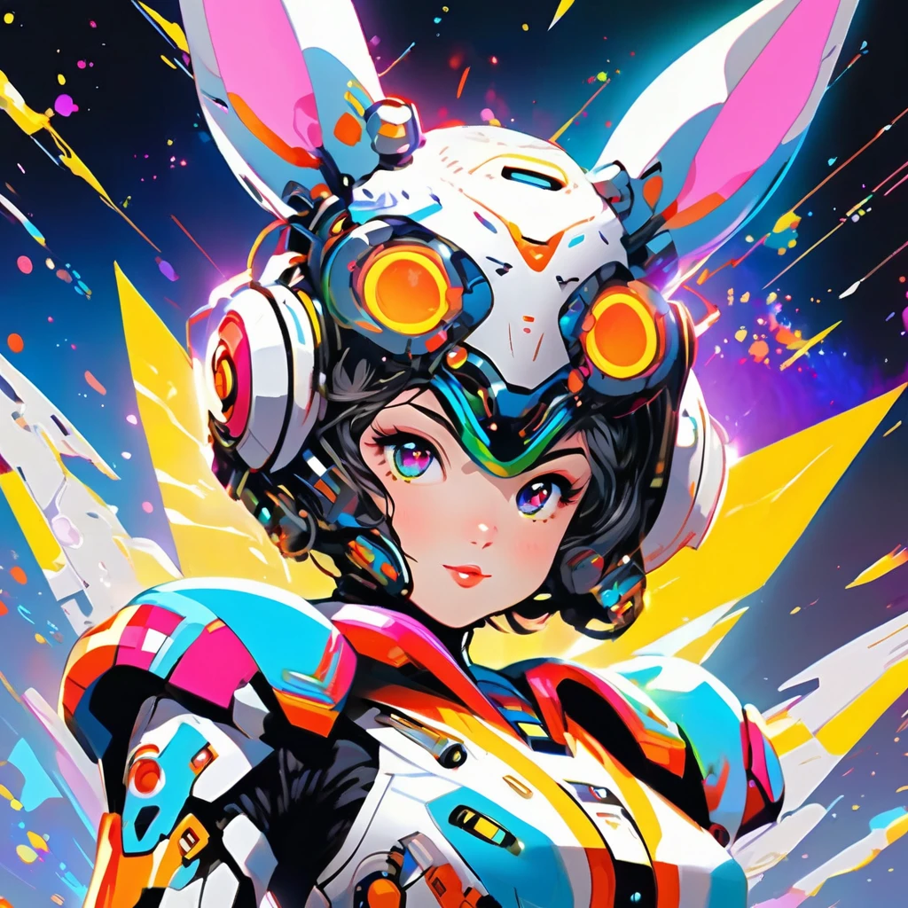 1girl, wink, short hair, dressed with futuristic suit, robotic rabbit ears ,v pose ,space in background, detail richness, masterpiece, best quality, explosion of flashy colors